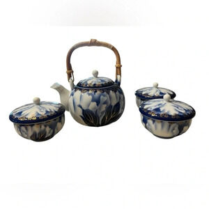 Fukagawa Seiji Peony Gold Mill Cobalt Blue Set Teapot  And 3 Tea Cups & …